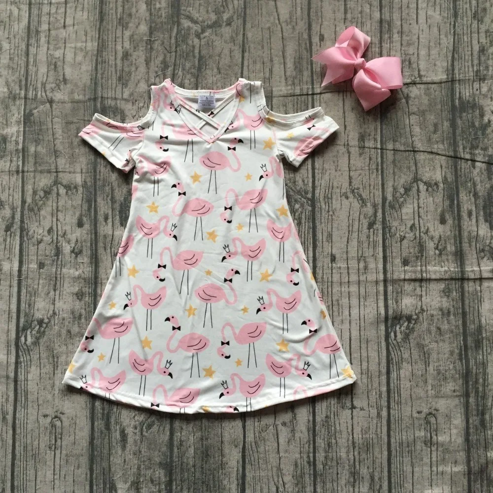 

Summer dress baby girls short sleeves off shoulder corla flamingo floral flower clothes boutique milk silk knee length match bow