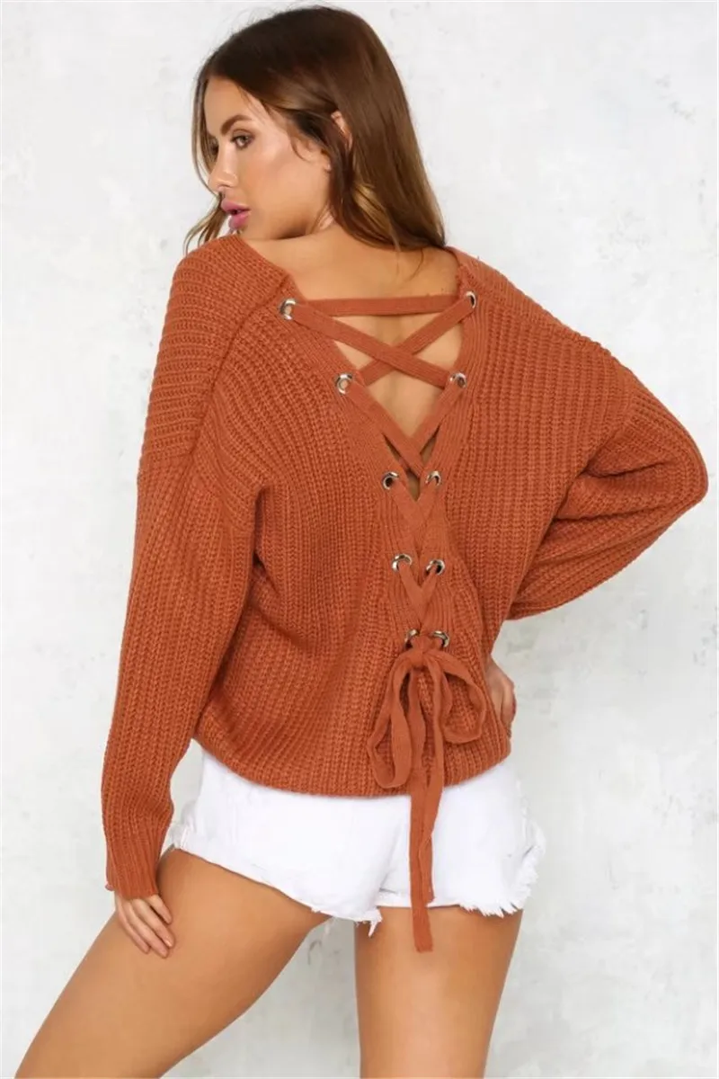

Fashion Women Sweaters 2018 Winter Korean Lace Up Back V Neck Jumpers Sexy Oversize Knitted Pullovers Solid Color Casual Sweater