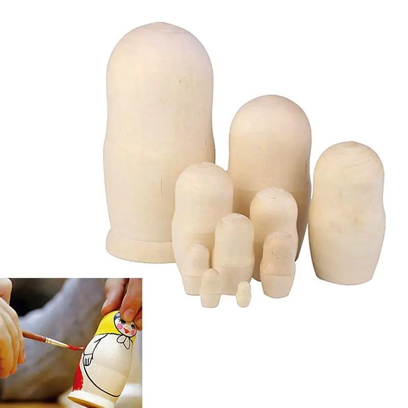 

10pcs/set DIY Hand-paint Unpainted Wooden Unpainted Blank Embryos Russian Dolls Matryoshka Kids Art Gift Sets @Z134
