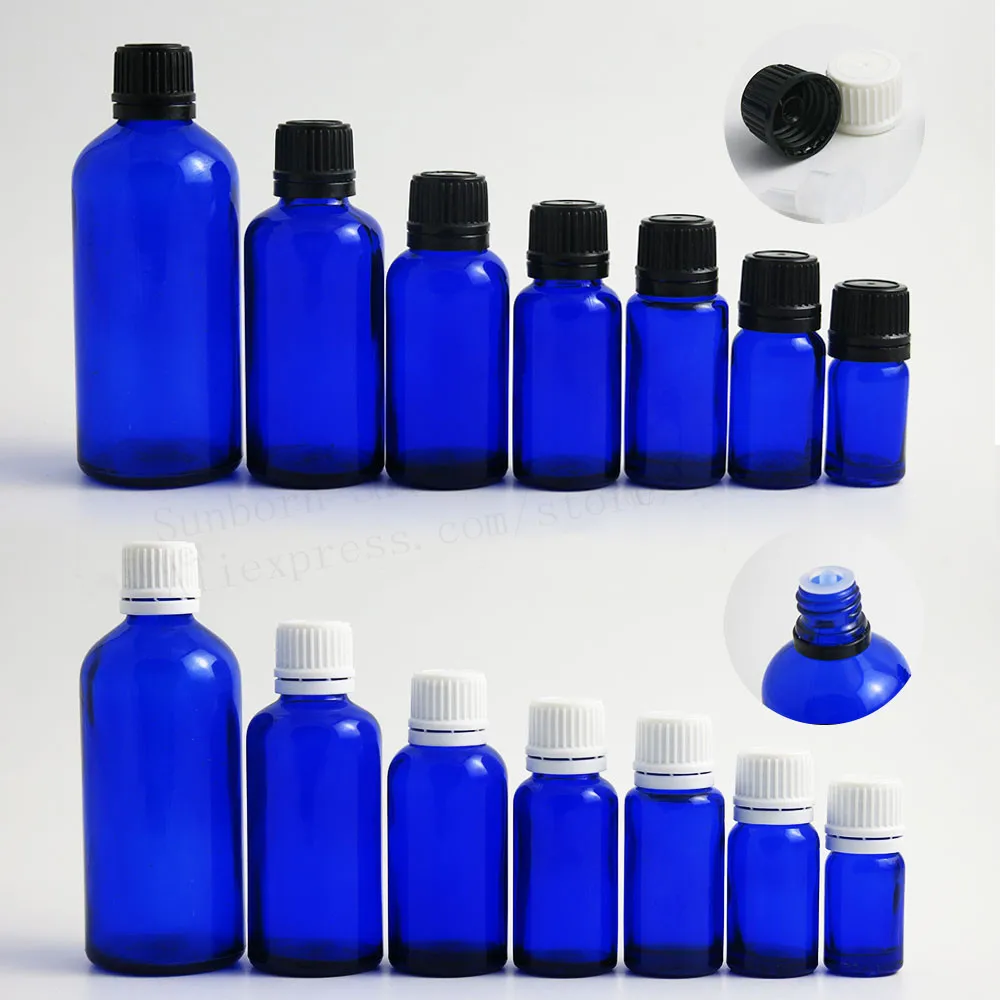 

20x Blue Green Liquid Glass Bottle Plastic Plug black white lid screw cap 1OZ Small Essential Oil Bottle 5 10 15 20 30 50 100 ML