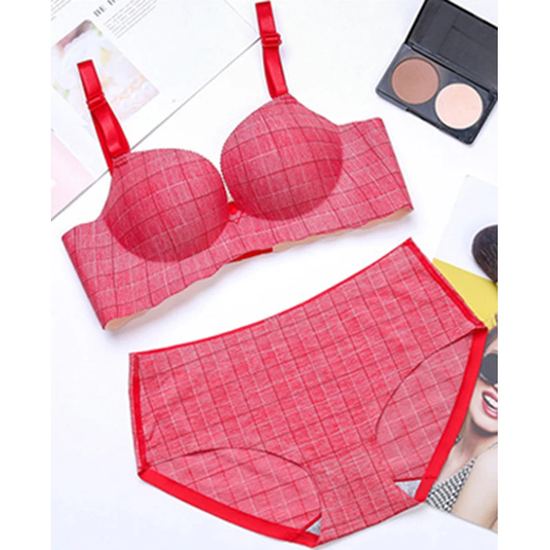 

Sexy Bra Set For Women Panties Lingerie Set Plaid 3D Cup Wire Free Seamless Bralette Push Up Bra Plus Size Underwear Set #D