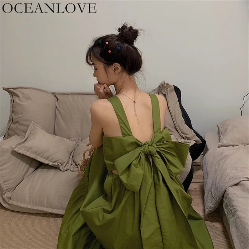 

OCEANLOVE Sweet Kawaii Solid Vestidos Chic Beach Style Sleeveless Women Dress Back Bow Hollow Out 2019 Summer Dresses 11856