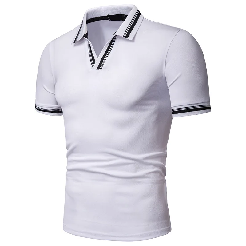 Модная полосатая рубашка поло с v-образным вырезом, летняя мужская рубашка поло, брендовая однотонная приталенная рубашка с коротким рукавом, трендовая Мужская Повседневная рубашка поло Homme - Цвет: White