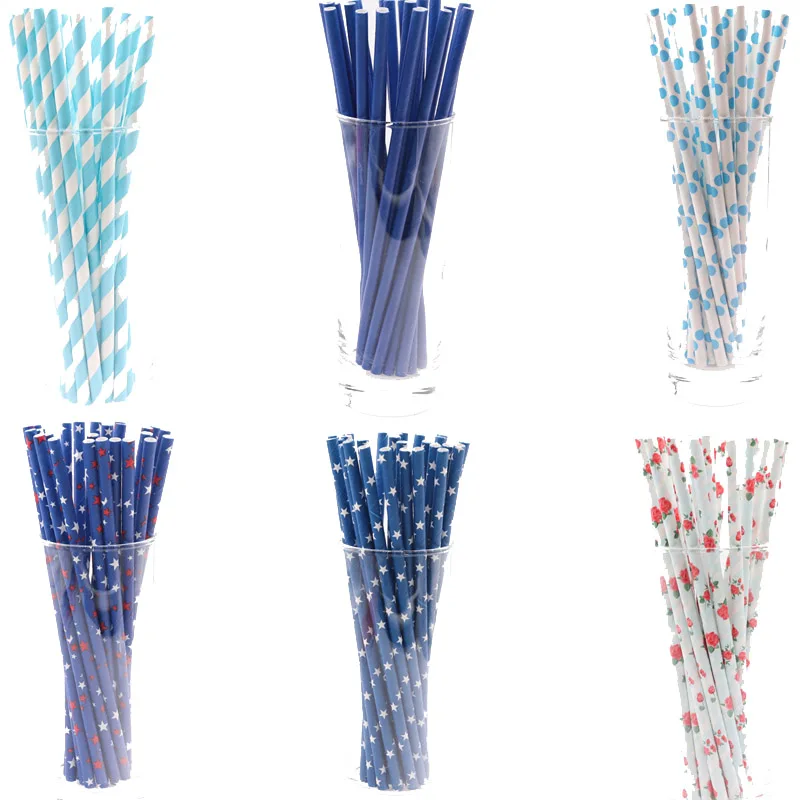 

25pcs/lot Blue Theme Disposable Tableware Paper Party drink straws wedding birthday party decorations kids party supplies