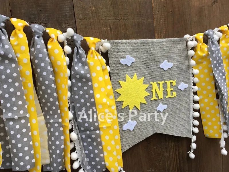 Серый желтый солнце один высокий стул баннер солнце Белое Облако гирлянда 1 день рождения украшения торт разбивают флаг