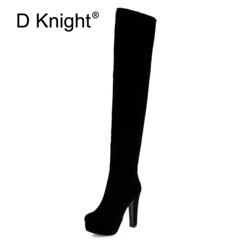 

2018 Black Round Toe Women Thigh High Long Boots Side Zip Brand Designer Over The Knee Boots Ladies Thick High Heels Big Size 43