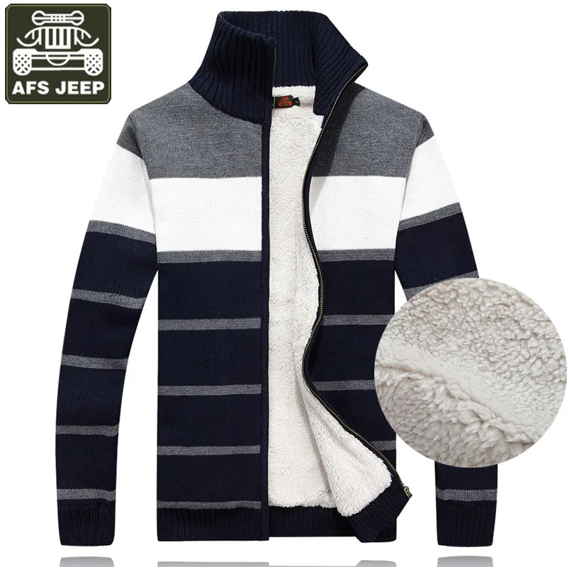 

AFS JEEP Brand Cardigan Male Men's Sweater Winter Warm Fleece Sweater Striped Standard Wool Sweaters Men's Turtleneck Pull Homme