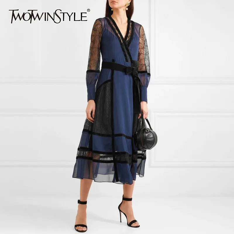 

TWOTWINSTYLE Vintage Lace Patchwork Dress For Women V Neck Long Sleeve High Waist Bandage Midi Dresses Female Fashion 2019 New