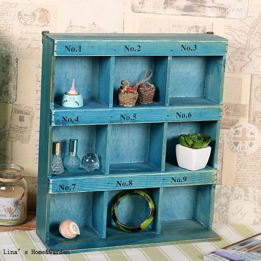 Numbered 9 Grids Vintage Small Solid Wood Cube Shelf