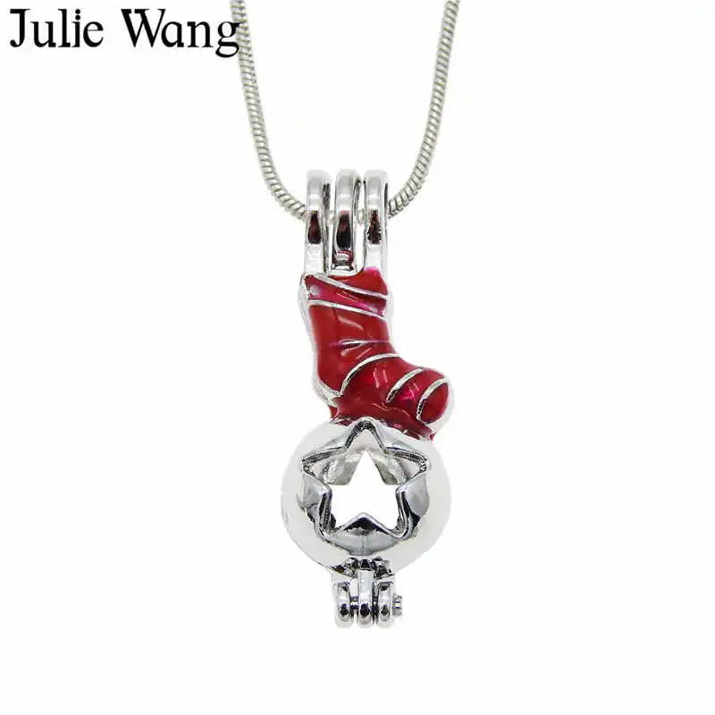 

Julie Wang Alloy Enamel Red Christmas Socks Fit 6mm Bead Necklace Pendant Pearl Beads Cage Essential Oil Diffuser Locket Jewelry
