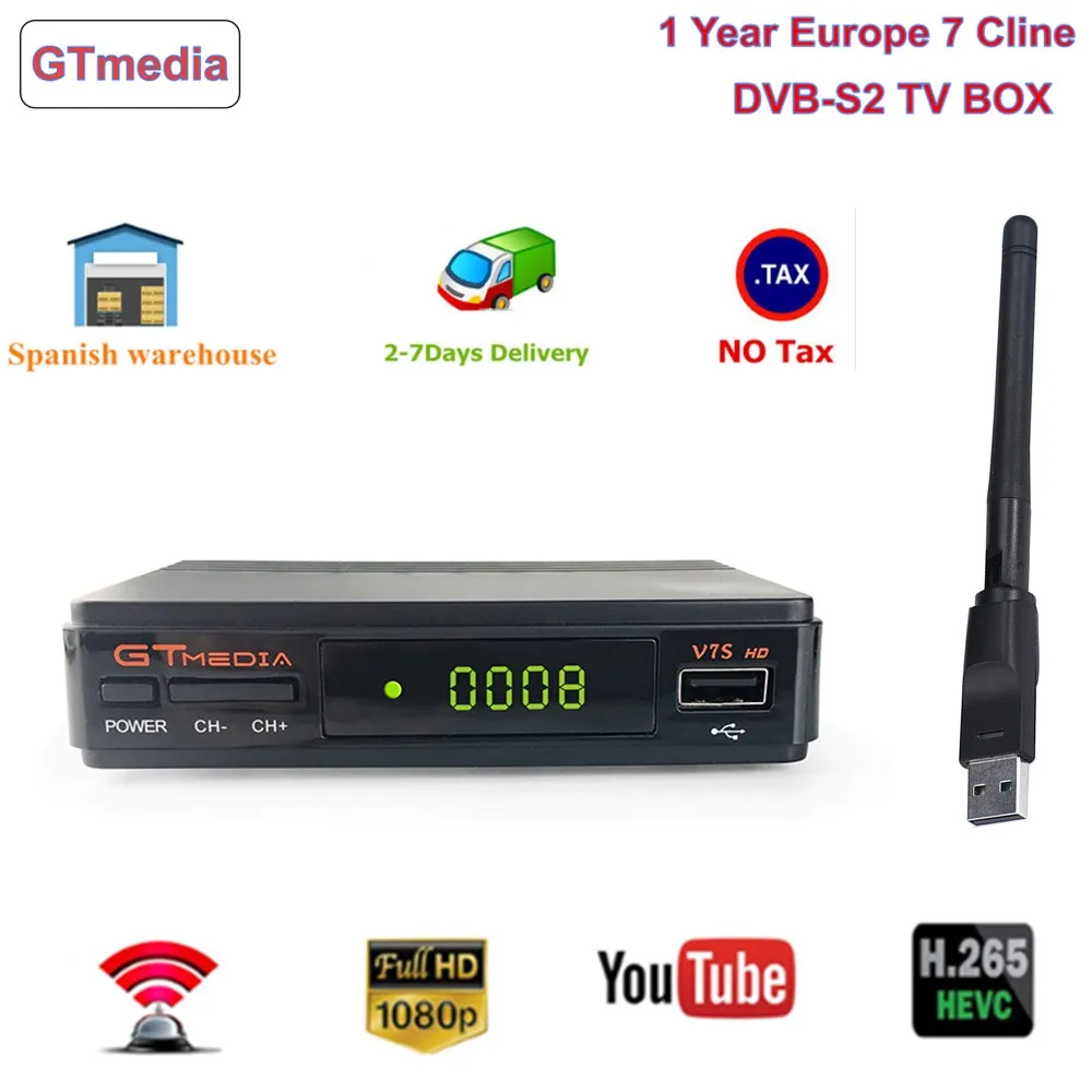 

GTmedia DVB-S2 Freesat V7S HD H.264 Satellite TV Receiver With USB WIFI Europe 7 lines Cccam For 1 Year Spain Portugal Channel
