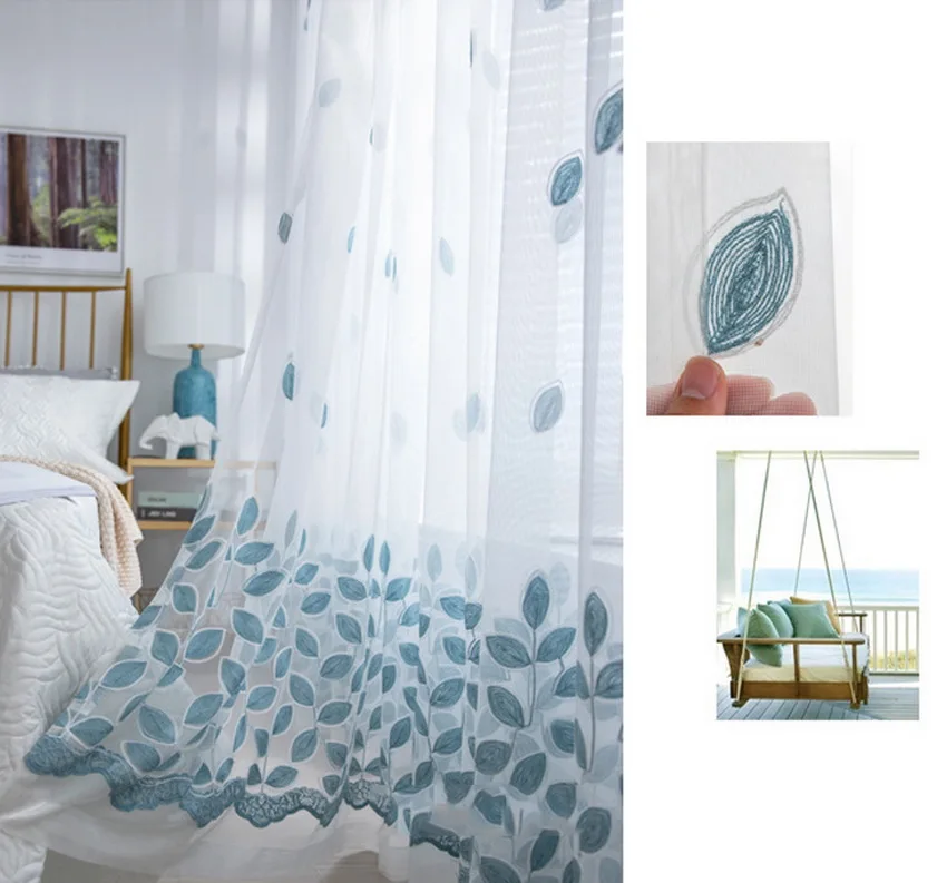 Blue Four-leaf Clover Embroidery Tulle Curtains For Living Room Sheer Panels White Voile Curtains For Bedroom Kitchen M099#4