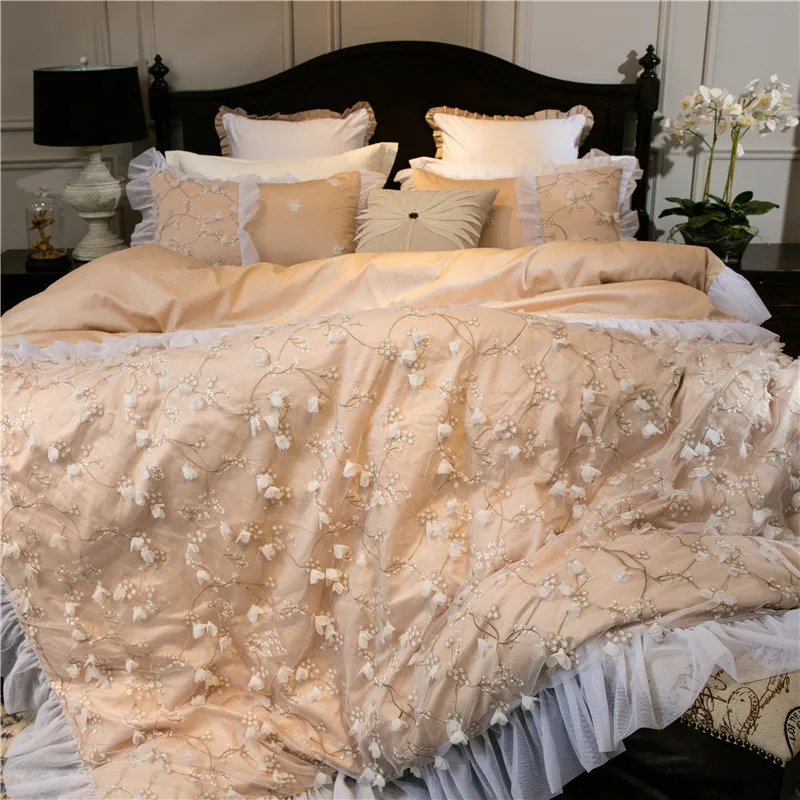 

Luxury Embroidery bed linen pink gold Egyptian cotton bedding set/bedspread queen king size lace duvet cover sheet set 4/6pcs