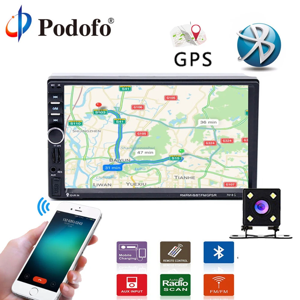 Podofo Universal 7 Touch Multimedia Player GPS Navigation Audio Stereo 2 Din DVD Car Radios Bluetooth
