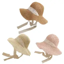 Японский литературный обувь для девочек летние плетеная, из соломы Рыбацкая шляпа крючком длинные цветочные кружево ленты широкими полями
