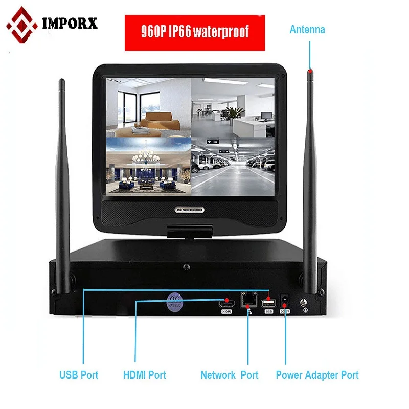 

960P 4CH Wireless NVR Kit With 10" LCD Monitor Screen Wifi CCTV System 1.3MP IP Camera Outdoor Home Security Surveillance Kit
