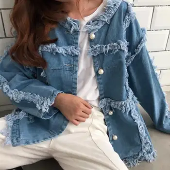 

Loose pearl long sleeves denim jacket