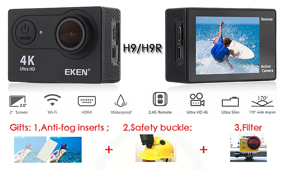 Eken H9/H9R экшн Камера 4K 30FPS со сверхвысоким разрешением Ultra HD, Wi-Fi, 2,0 170D подводный Водонепроницаемый шлема видео Камера s go Спортивная камера extreme pro