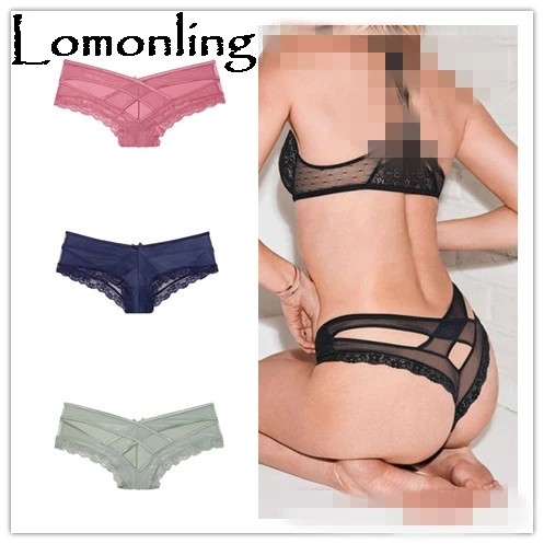 

Lomonling 2019 Limited Cute Panties Thong New Lace Trim Briefs Half Packed Hips Low Cut Crossed Solid Color Women's Underwear