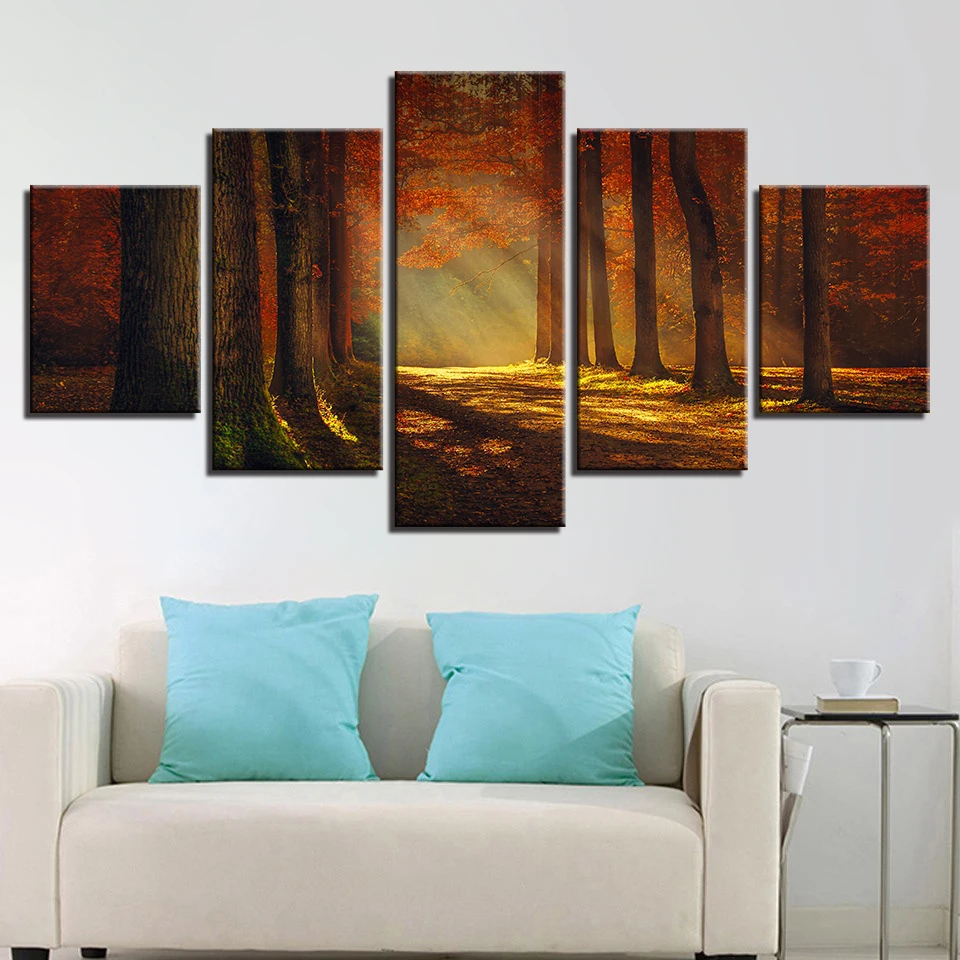 Kanvas Lukisan Wall Art Hd Cetak Pohon Poster 5 Pieces Musim Gugur Hutan Sinar Matahari Alami Jpg