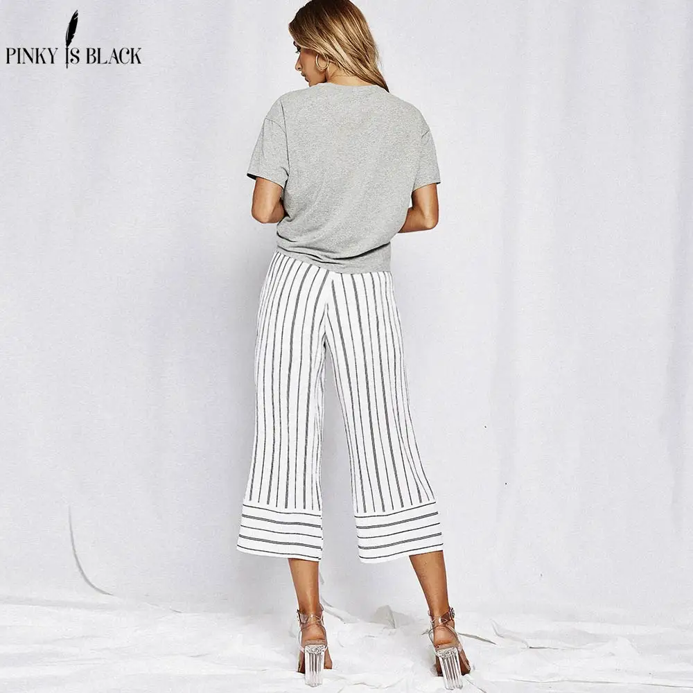 PinkyIsBlack Stripe split wide leg pants women bow tie sashes high waist trouser summer loose pants 2018 office female bottoms PinkyIsBlack Stripe split wide leg pants women bow tie sashes high waist trouser summer loose pants 2018 office female bottoms