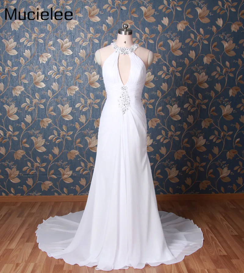 Mucielee Vestidos De Novia 2017 линия пляжные свадебное платье Boho Дешевые Холтер шеи Sexy Backless