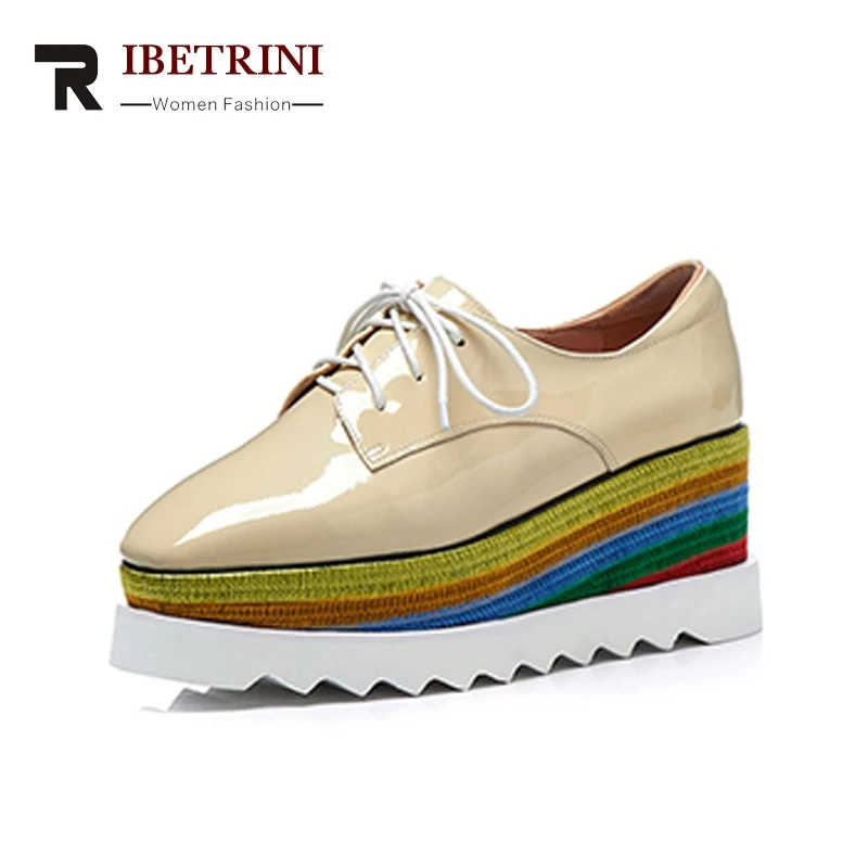 

RIBETRINI New women's Genuine Leather Wedges Mixed Colors lace-up Flat Platform Shoes Woman Casual Spring Flats Big Size 33-42