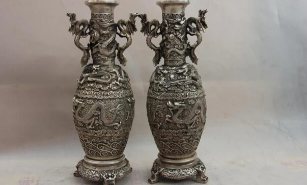 

Elegant old S1591 China White Copper Silver Feng Shui God animal Dragon Play Bead Pot Vase Pair A0403