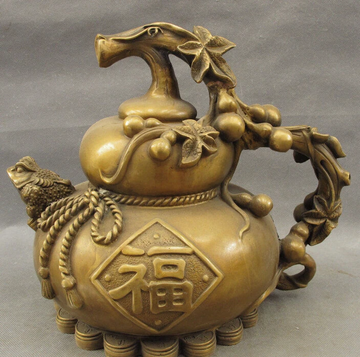 

14" Chinese Bronze Decoration Wealth Coin Hoptoad Toad Fu Gourd Cucurbit Statue