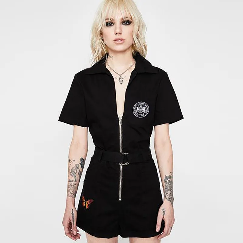 

Woman Sport Fitness Set Butterfly Embroidery Jumpsuits Women Metal Chain Pocket Short Romper Flex Femme Sport Streetwear Clothes