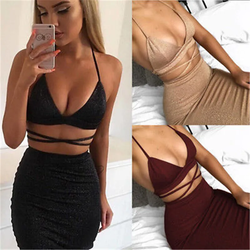 

2 Piece Set 2018 New Women Skirt Bandage Top Sexy Two Piece Set Skirt And Top For Summer Night Party Club Wear Split Clothing