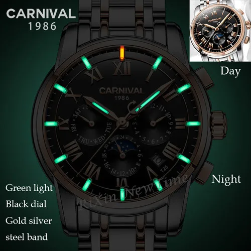 Карнавальные часы для мужчин, швейцарский роскошный бренд, лунная фаза Тритий, светящиеся военные механические мужские часы, полностью стальные часы, relojs - Цвет: Black gold C8799