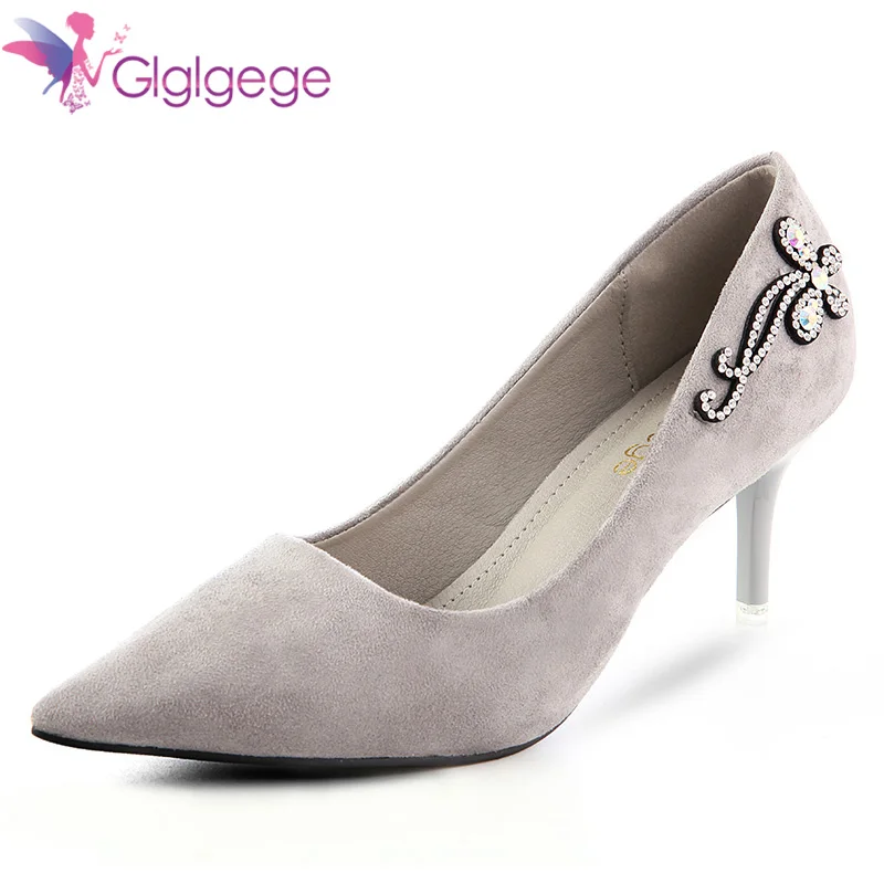 

Glglgege 2018 New Rhinestone High Heels Cinderella Shoes Women Pumps Pointed toe Woman Crystal Wedding Shoes 7cm heel big size