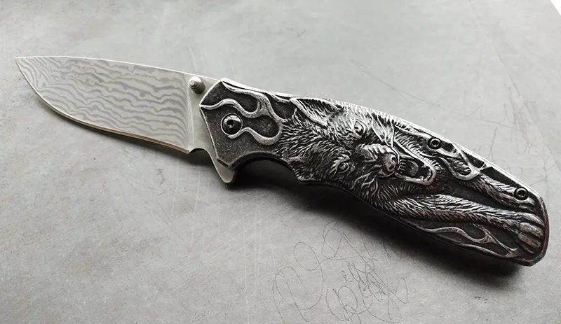 Волк Тотем идеальный дамасский Складной нож Тактический нож для выживания карманный нож для охоты помеченный ностальгия