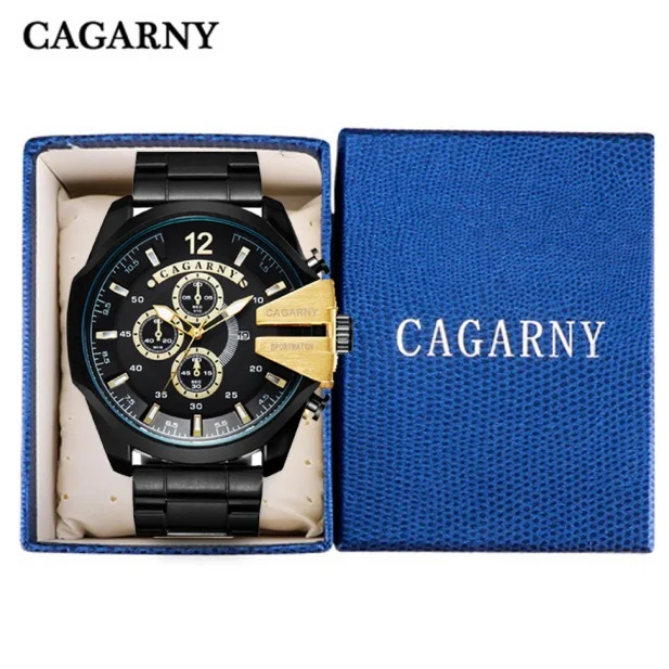 Cagarny для мужчин s часы Топ Элитный бренд для мужчин серебро сталь мужской Кварцевые часы для мужчин водонепроница Relogio Masculino Военная Униформа Montre Homme - Цвет: black gold with box
