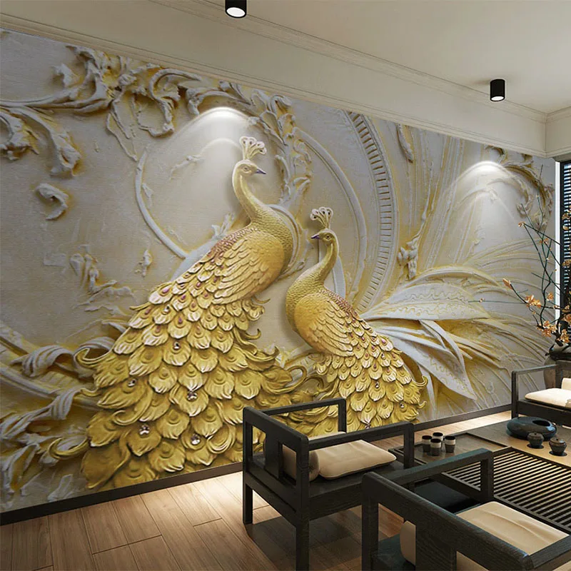 European Style 3D Relief Gold Peacock Mural Wallpaper Living Room TV Hotel Background Wall Home Decor Wall Papers For Walls 3 D