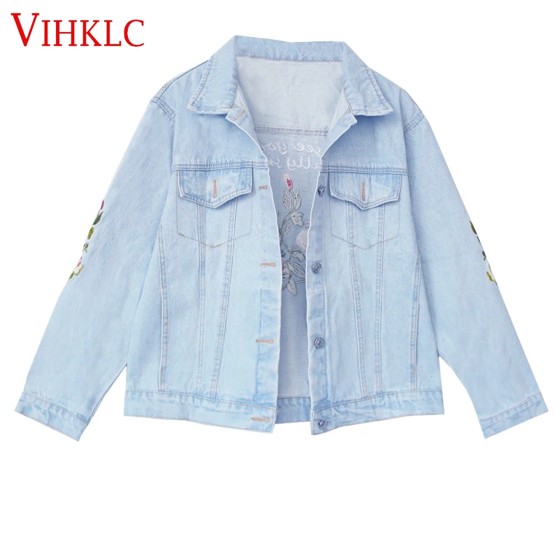 

2018 Spring Denim Slim embroidery Jacket Women Cotton Light Washed long Sleeves Single-breasted white blue Denim Jacket T366