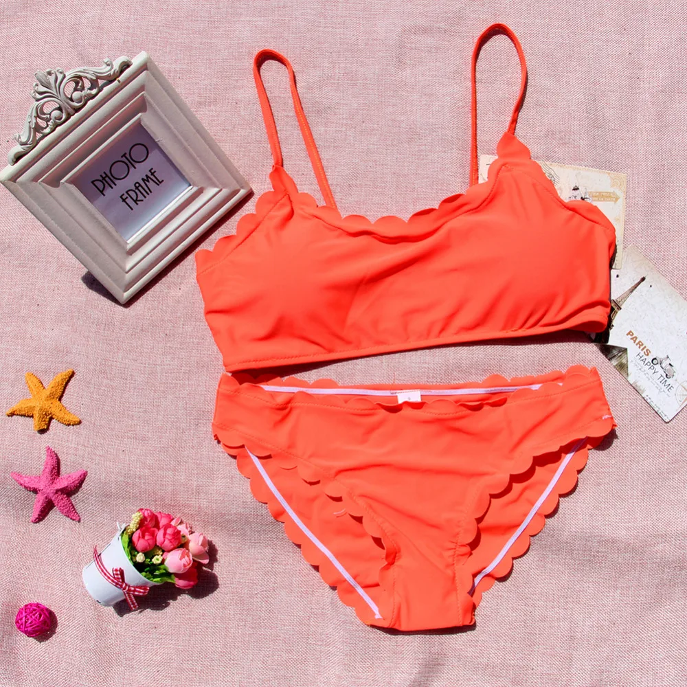 

Scallop Edges Biikini Frill Swimsuit Solid Strappy Bikini Orange Swimwear Padded Seamless Bikini Bathing Suit maillot Biquini