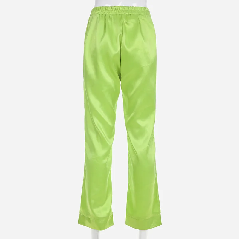 Модные флуоресцентные зеленые стильные атласные шелковые эластичные с высокой талией свободные прямые тонкие спортивные брюки женские брюки Харадзюку