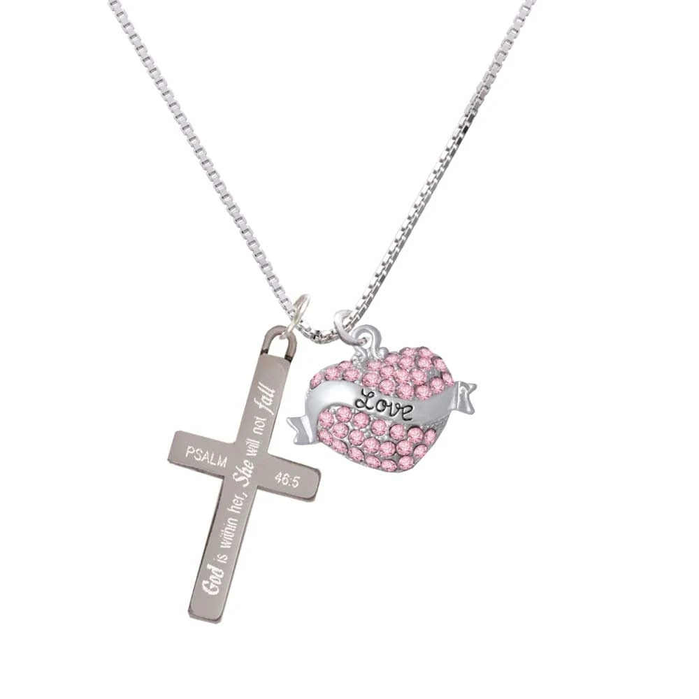 Love Banner on Pink Crystal Heart - She will not Fall - Cross Necklace