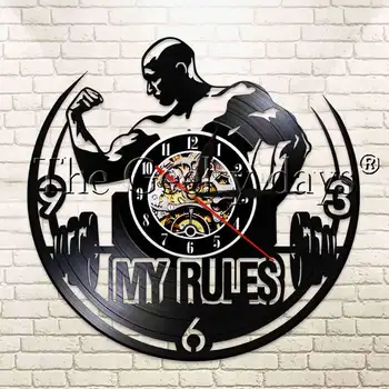 

1Piece My Life My Rules Inspirational Vinyl Record Wall Clock Fitness GYM Muscle Man Bodybuilding Weightlifting Wall Hanging Art