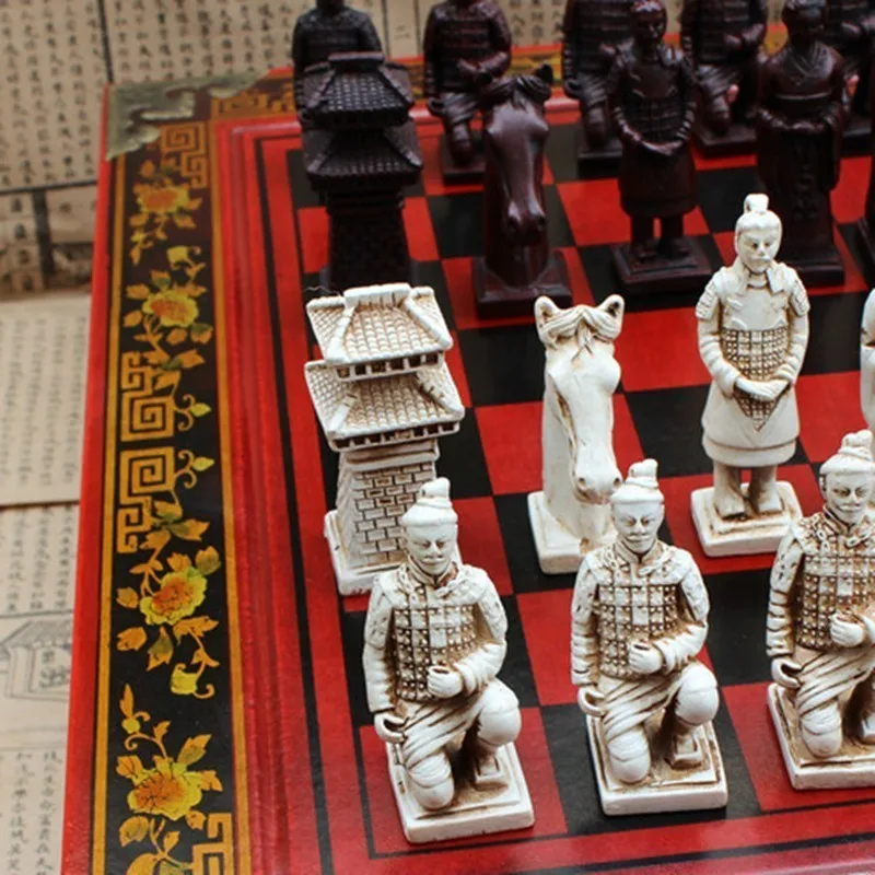 New Wood Chess Chinese Retro Terracotta Warriors Chess Wood Do Old Carving Resin Chessman Oversized Chess Piece Premium