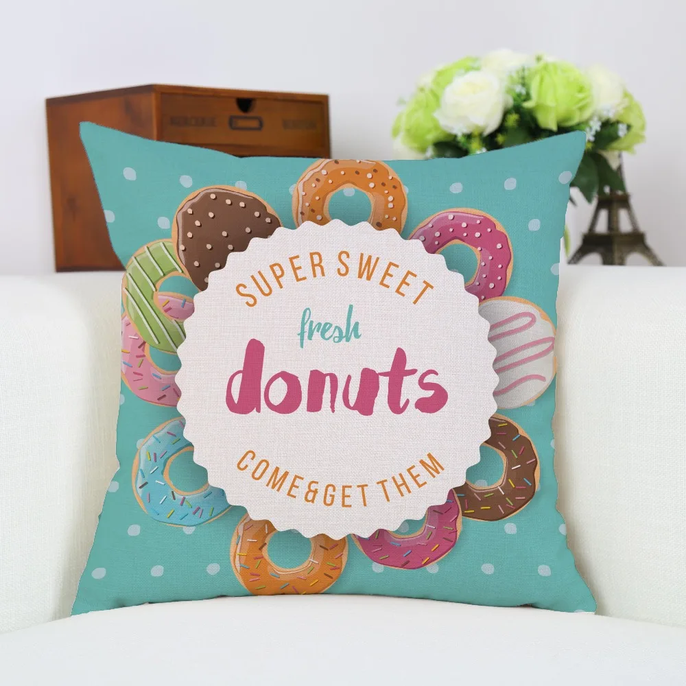 Car Throw Pillow Case Cotton Linen Super Sweet Donuts Square Shap