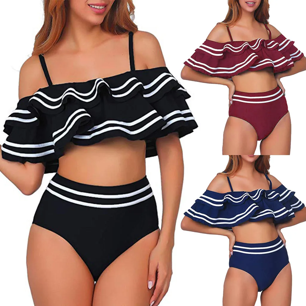 

Women Swimsuit 2 Piece Vintage Ruched Flounce Striped Print Black Red Blue Crop Top Bottom Ruffle Bikini Set Swimwear High Waist
