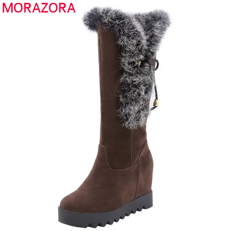 MORAZORA/Новое поступление года; ботинки до середины икры; женские зимние ботинки из флока; удобные ботинки на платформе без застежки с круглым носком; модная обувь