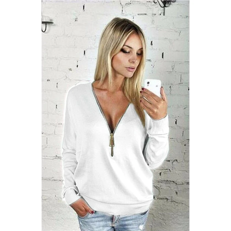 Women Sexy Fashion Batwing Sleeve Blouse Deep V Collar Zipper Sweater Long Sleeved T-shirt Plus Size S-5XL (14)