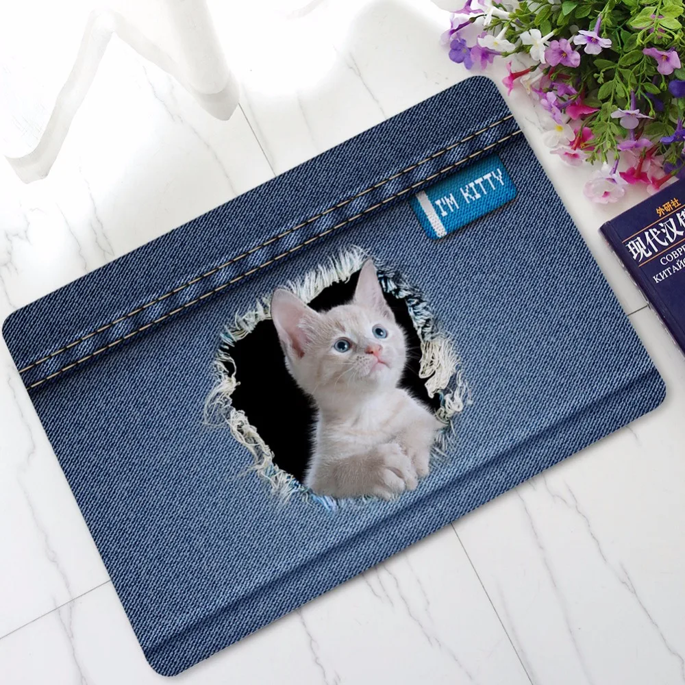 Cute Cat Rubber Mat Jeans Color Doormat Shy Cat Came Out Of The