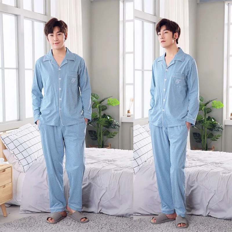 Мужские хлопковые Пижамные комплекты 2018 корейские популярные мужские пижамы Удобная Пижама мужские большие размеры мягкая Ночная рубашка