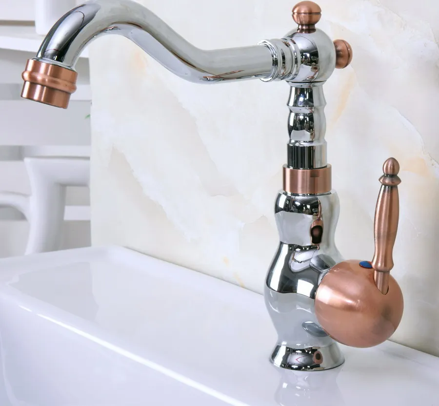 Polished Chrome Red Copper Brass Swivel Spout Single Lever Handle Kitchen/Bar Bathroom Sink Faucet Hot&Cold Mixer Tap anf914