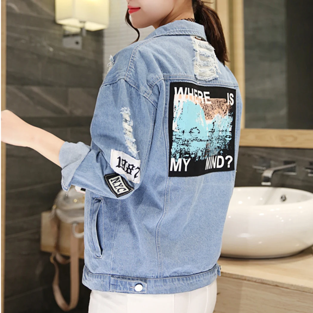Retro Frayed Denim Jacket Women Embroidery Letter Patch Bomber Jackets